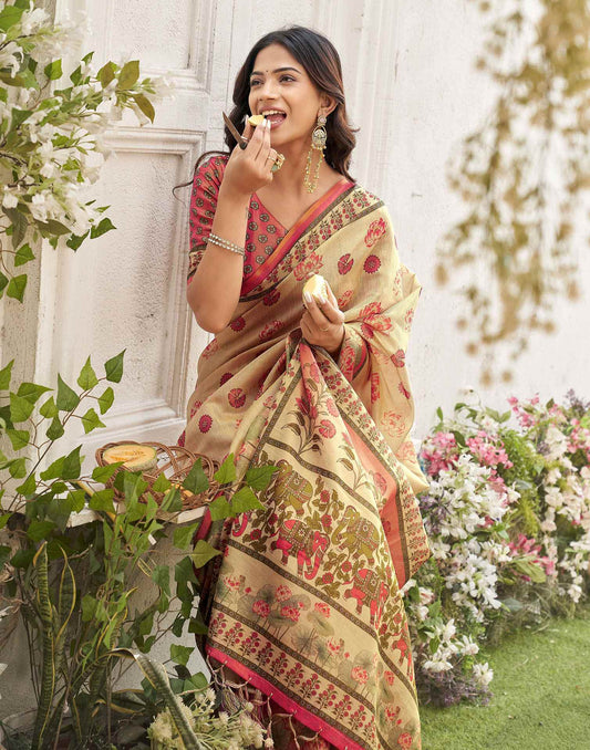 Dark Beige Shimmer Silk Printed Kalamkari Sareeย