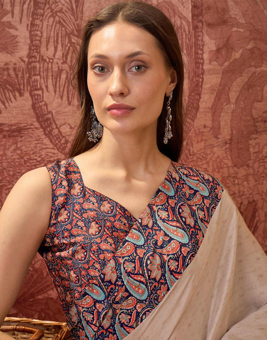 Beige Crepe Silk Printed Saree