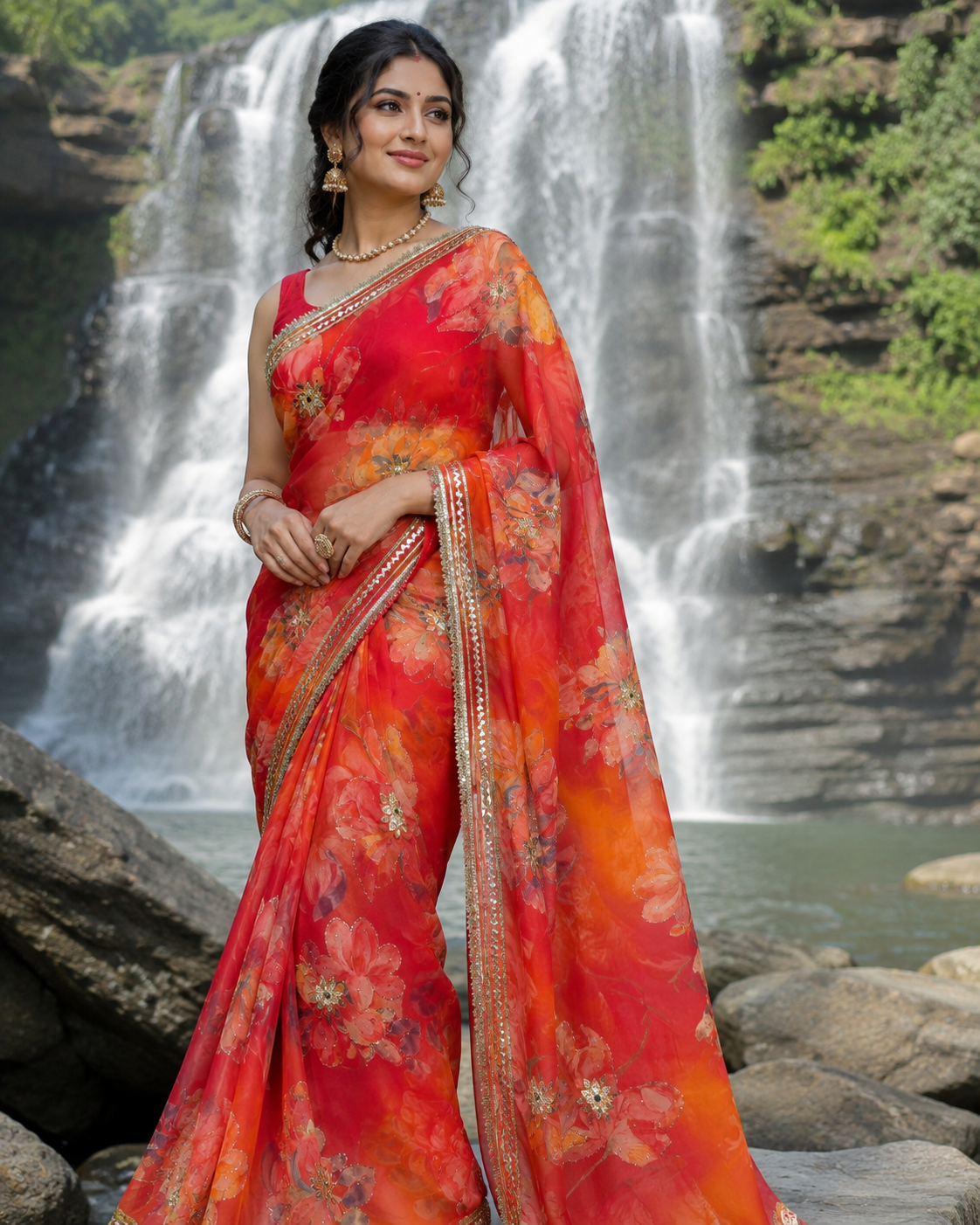 Orange Red Floral Print Saree