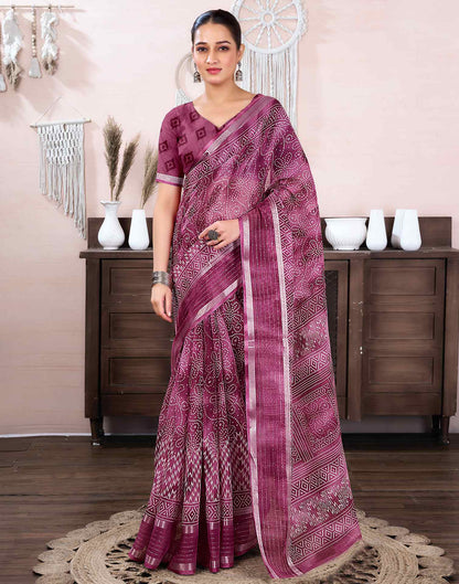 Pink Cotton Linen Bandhani Printed Saree