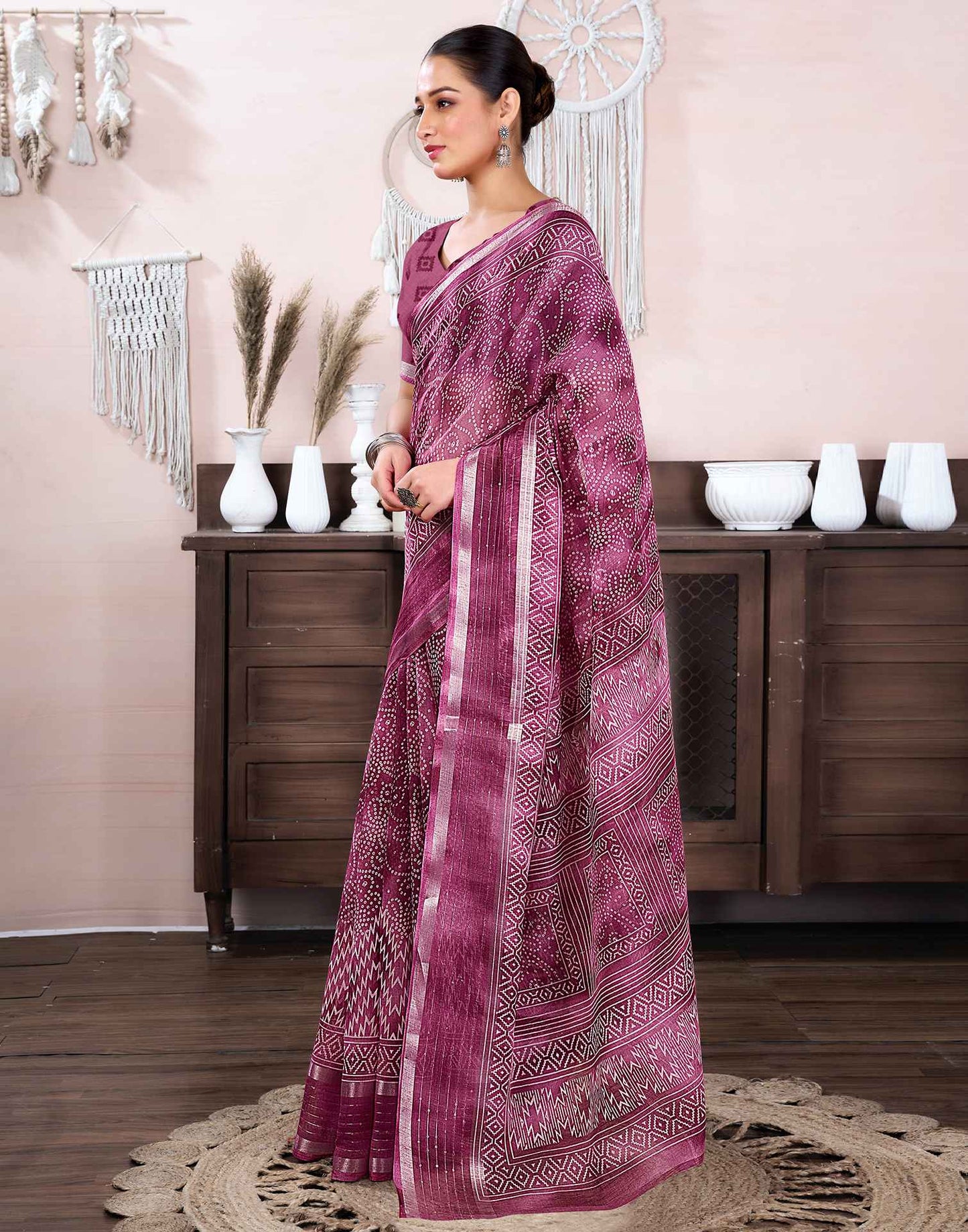 Pink Cotton Linen Bandhani Printed Saree