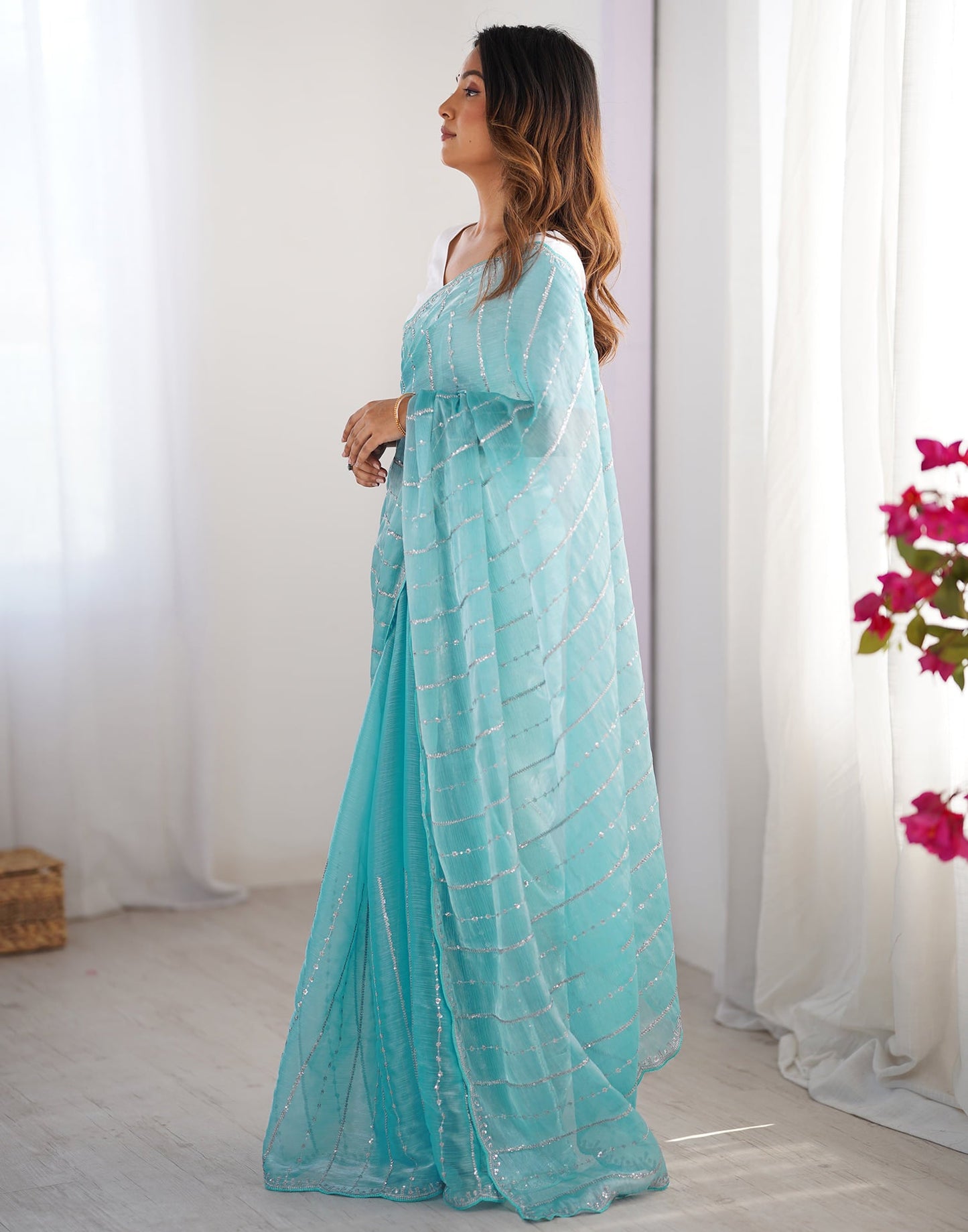 Aqua Blue Shimmer Sequence Embroidery Saree