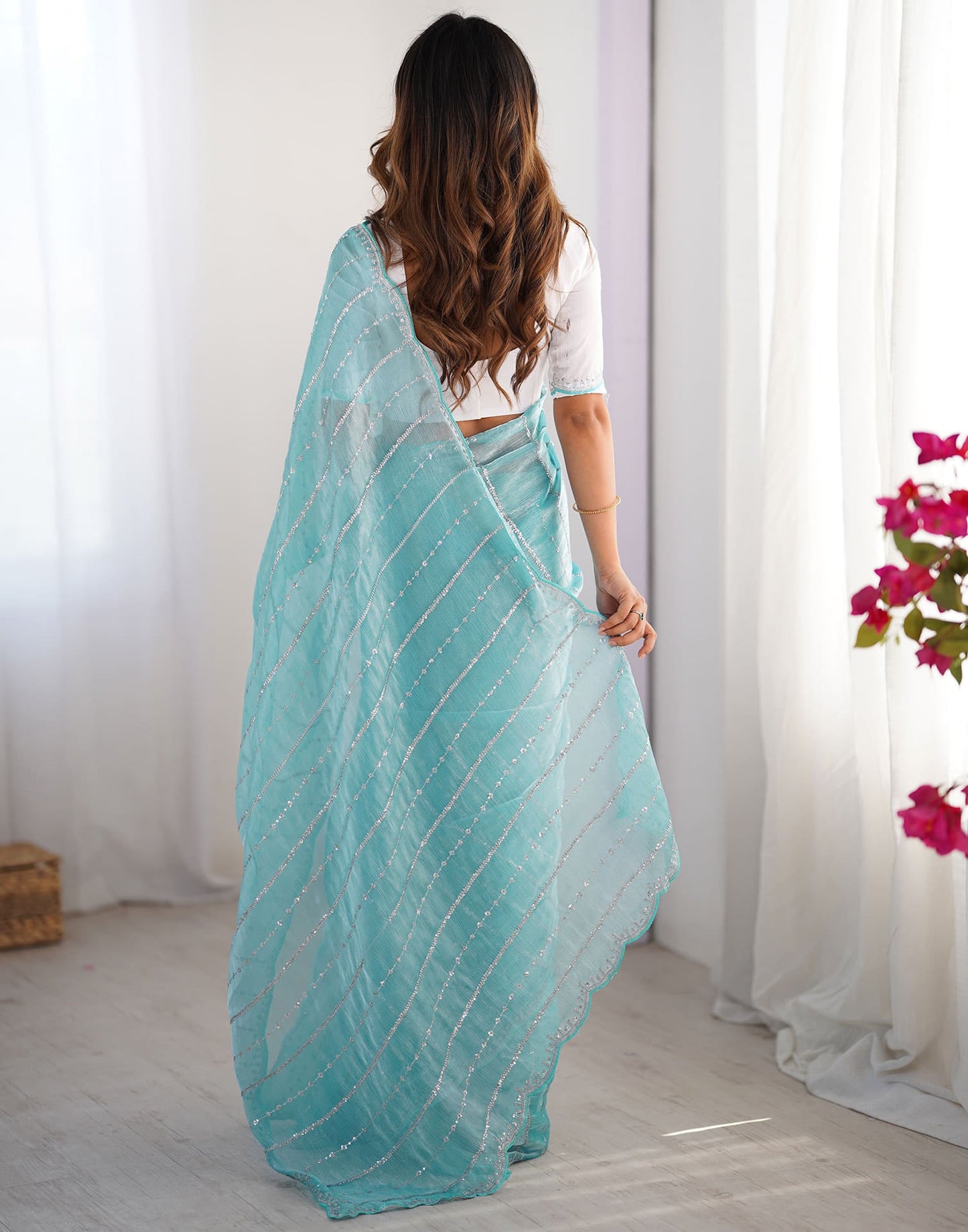 Aqua Blue Shimmer Sequence Embroidery Saree