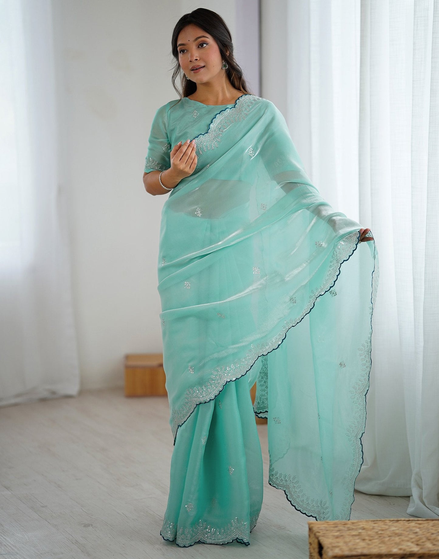 Sky Blue Tissue Silk Embroidery Saree