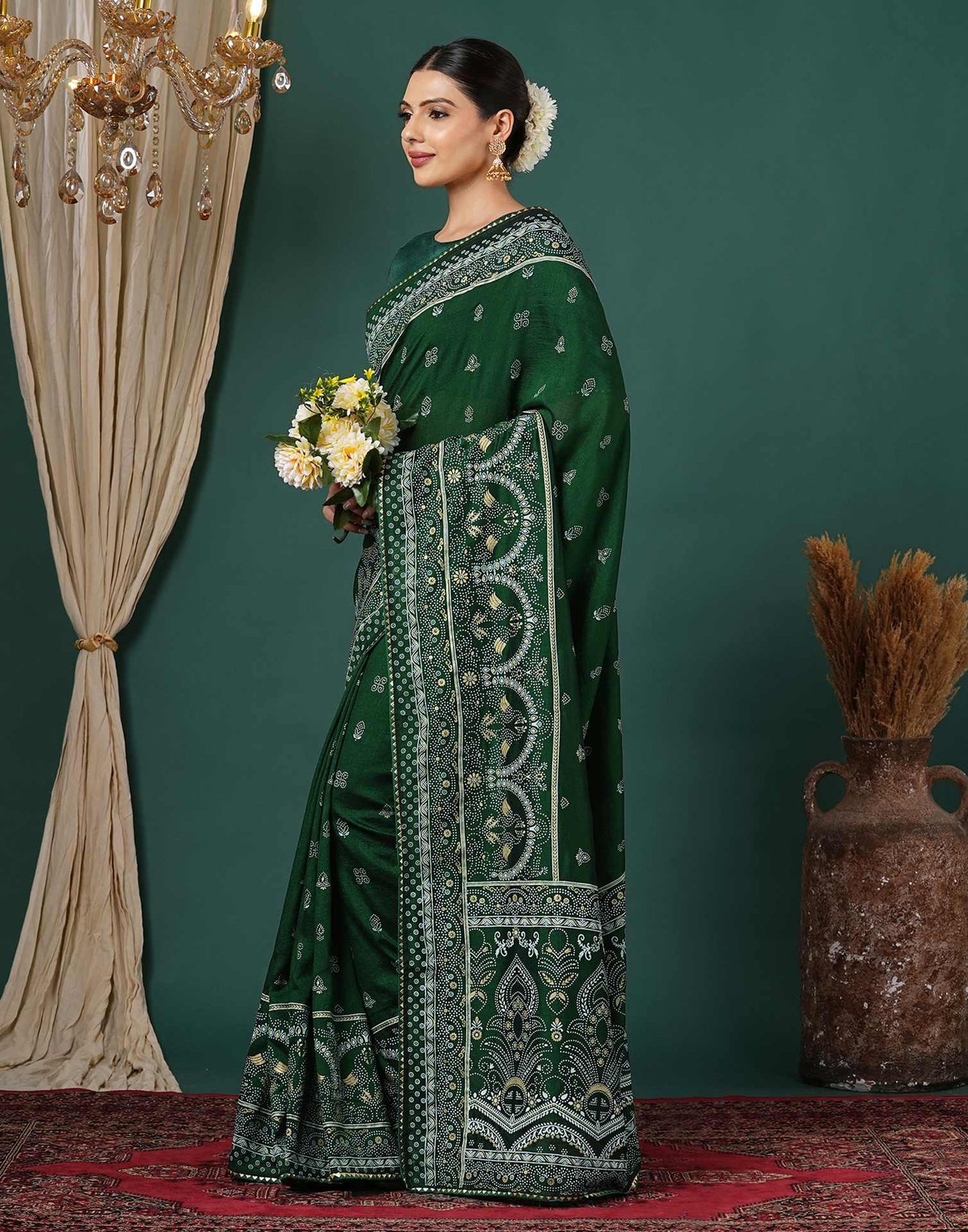 Bottle Green Silk Printed Saree