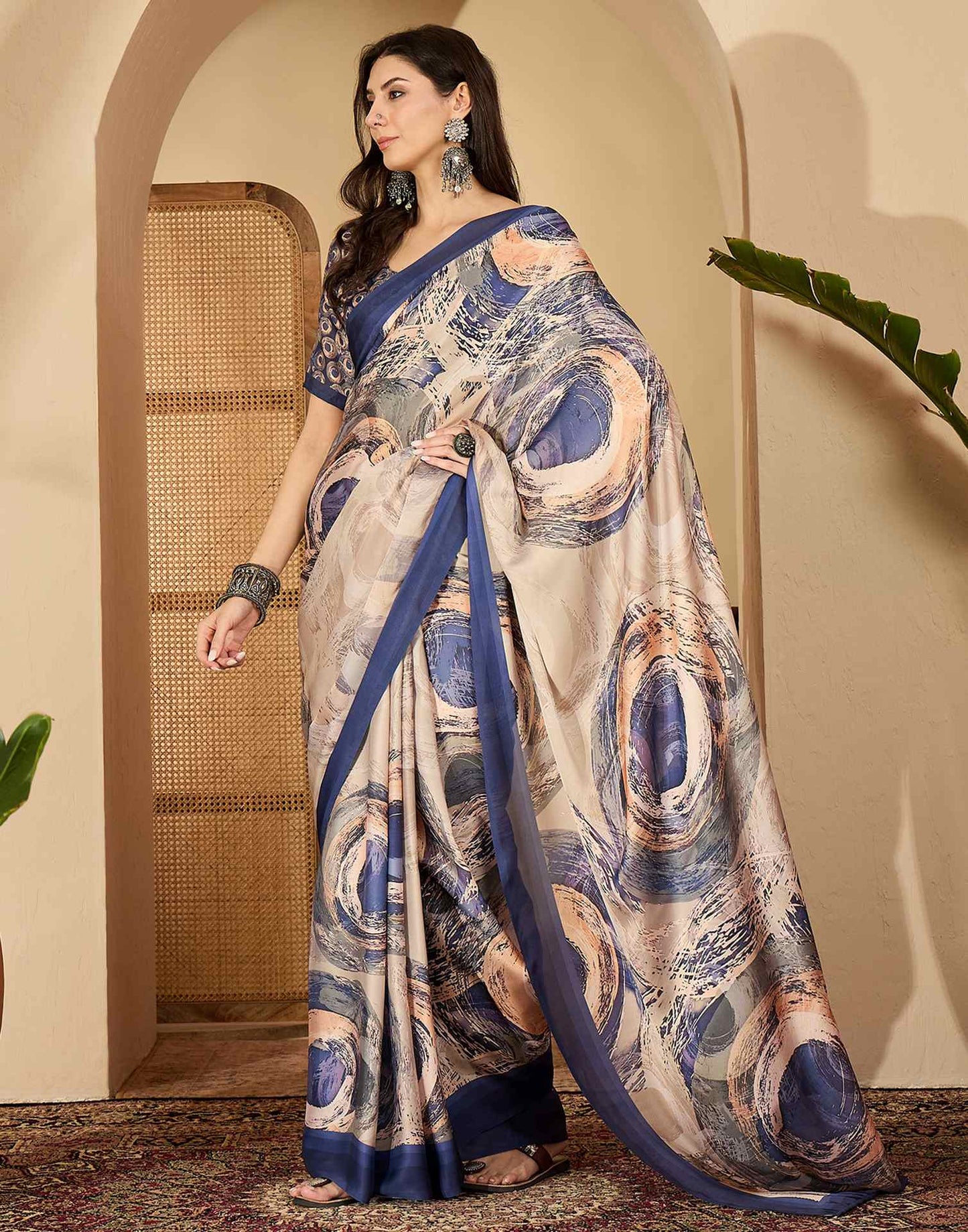 Peach Satin Printed Saree