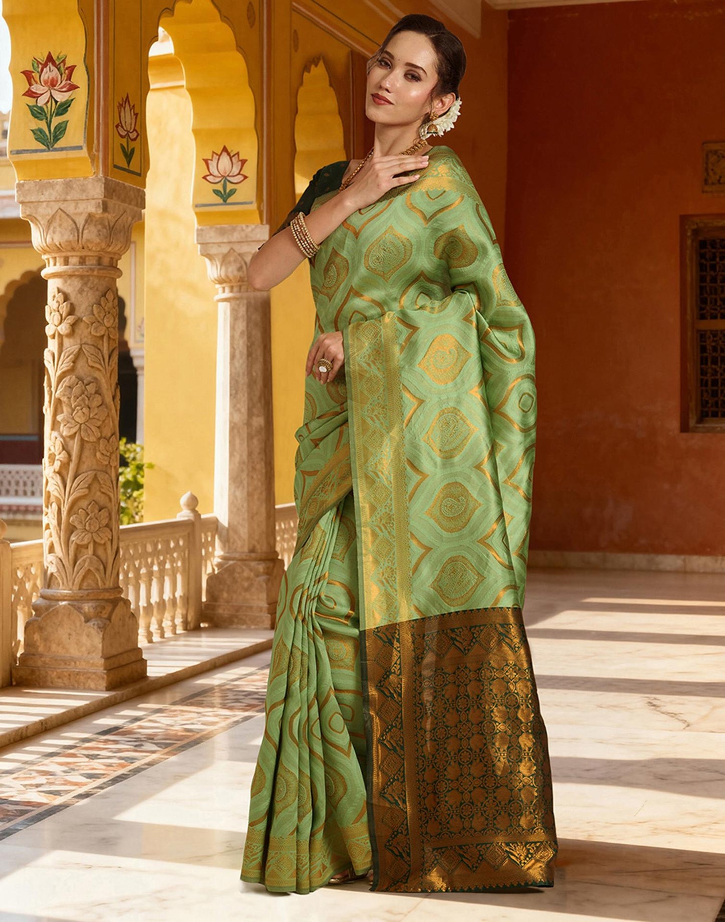Bottle Green Silk Woven Banarasi Saree