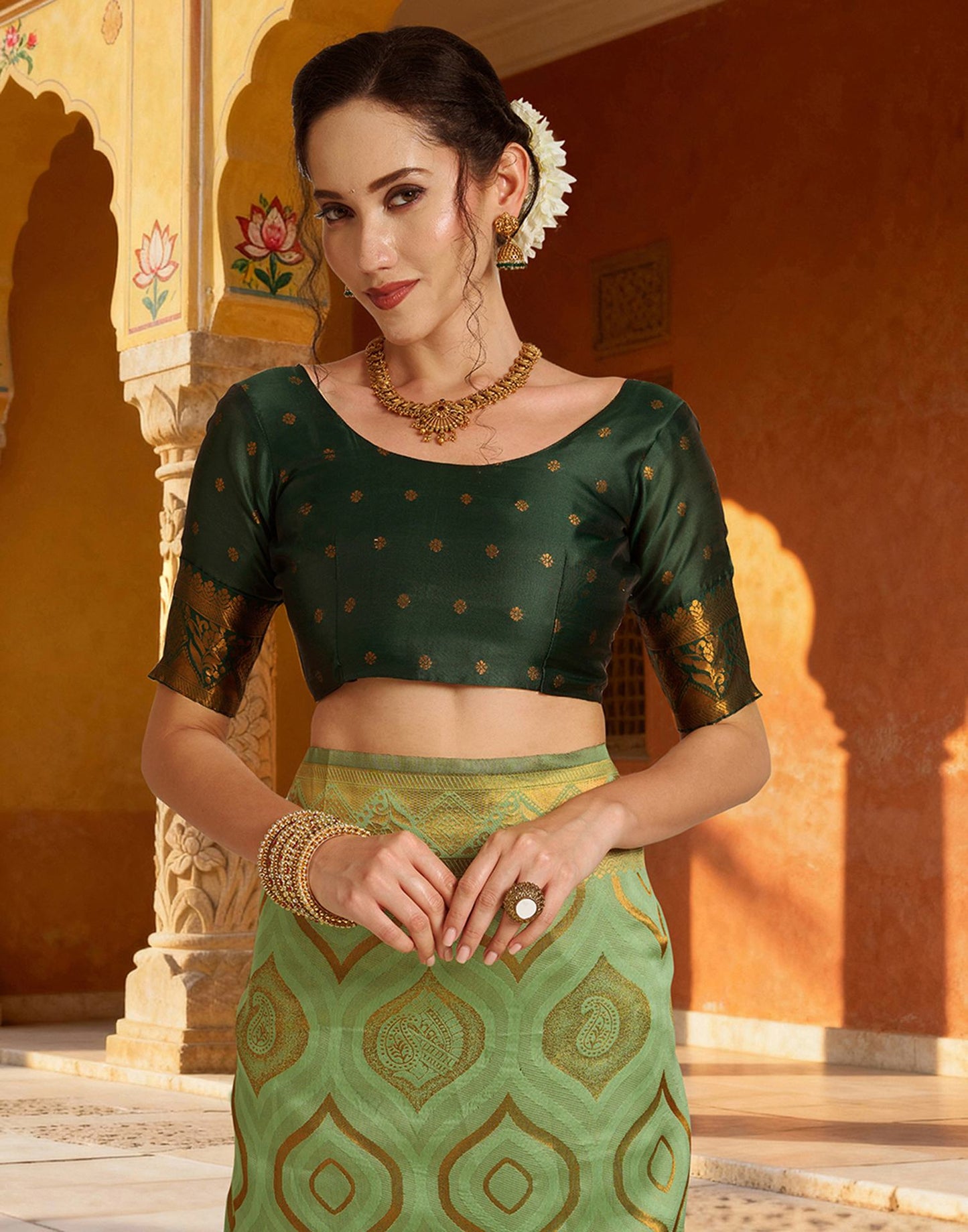 Bottle Green Silk Woven Banarasi Saree