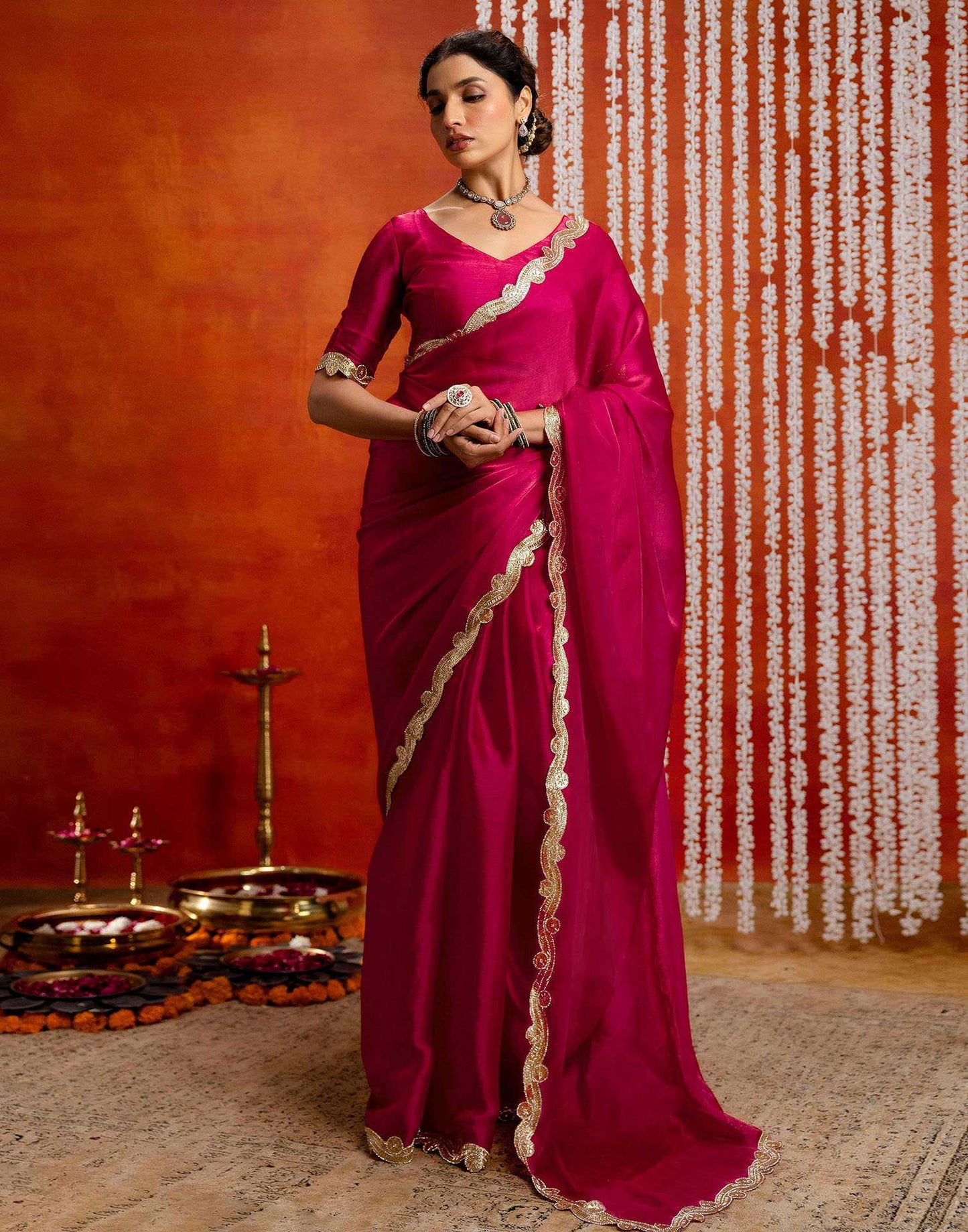 Dark Pink Shimmer Lace Saree