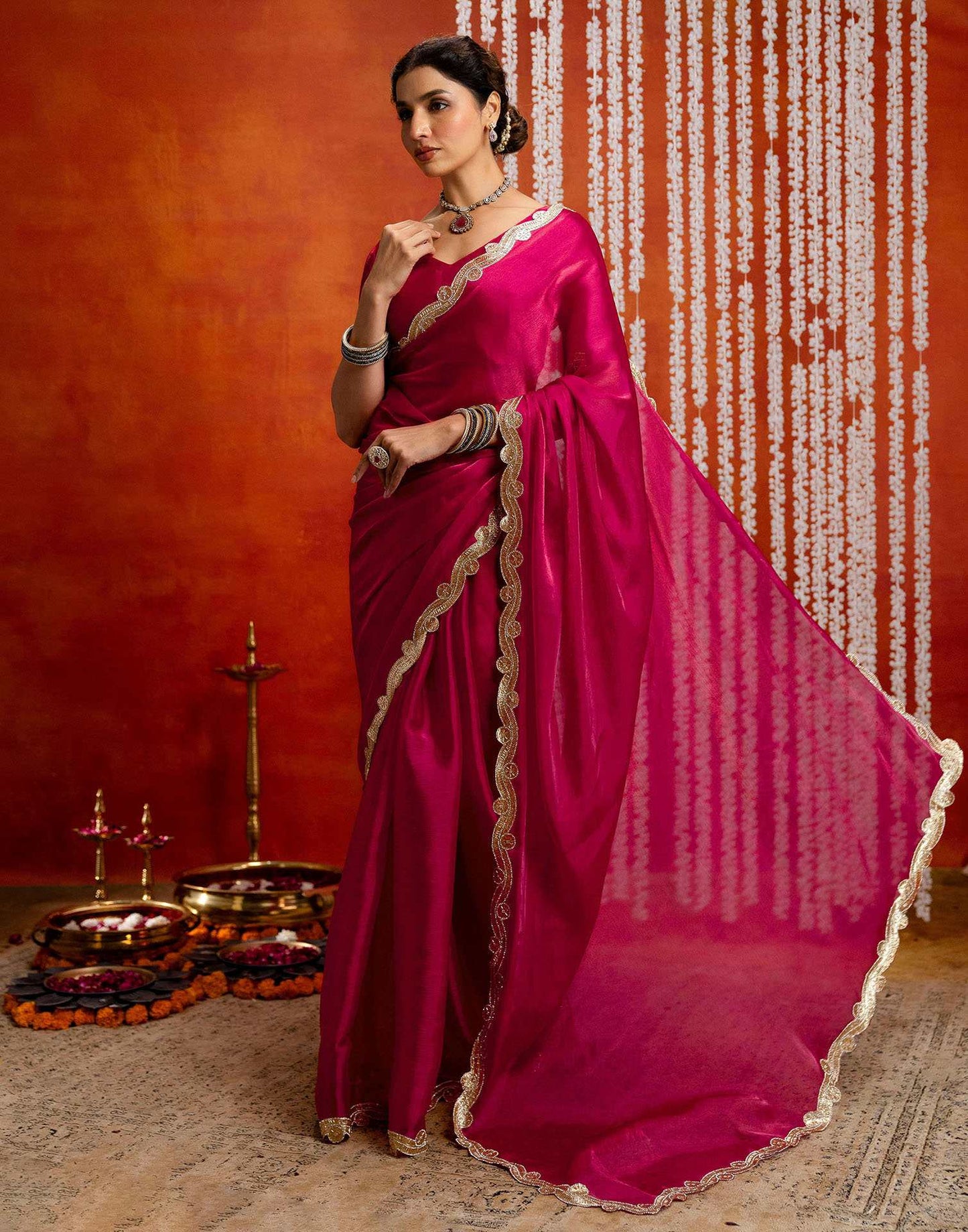 Dark Pink Shimmer Lace Saree