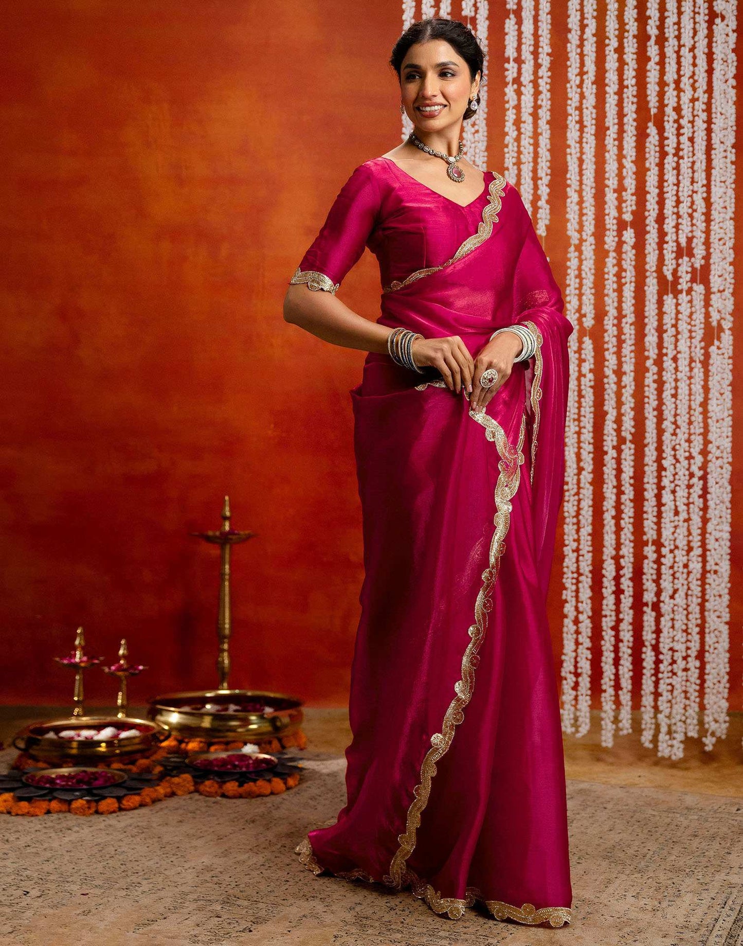Dark Pink Shimmer Lace Saree