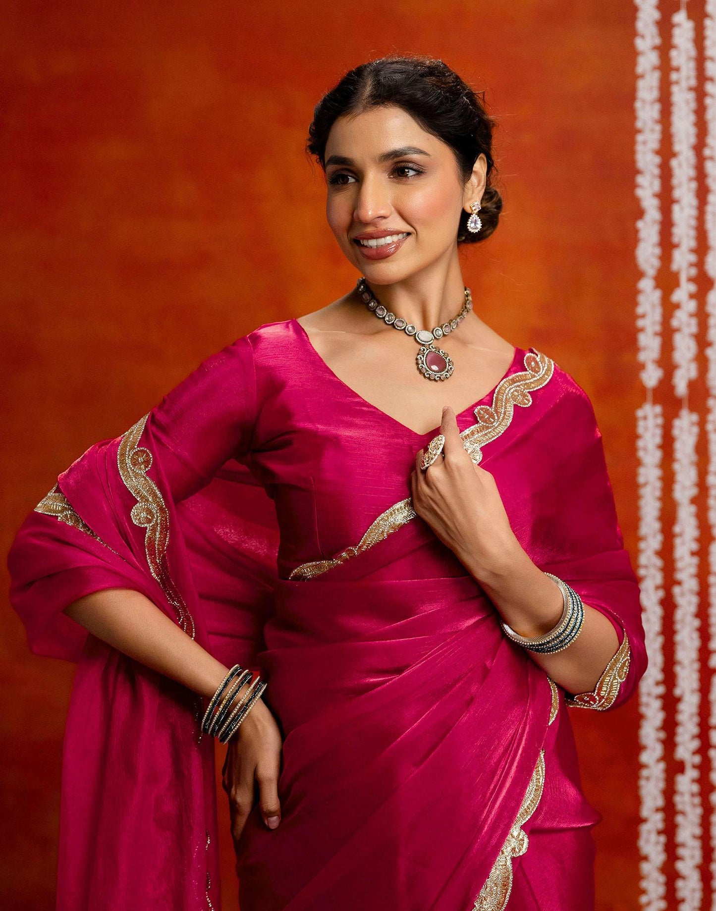 Dark Pink Shimmer Lace Saree
