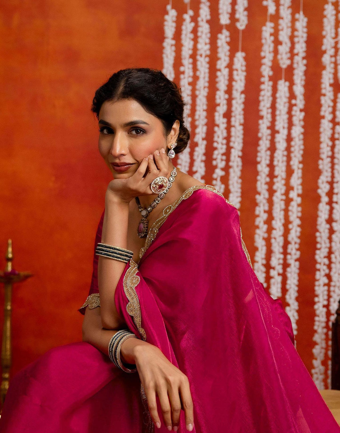 Dark Pink Shimmer Lace Saree