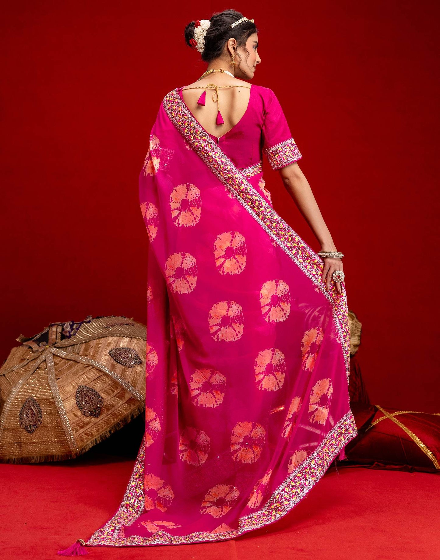 Pink Georgette Bandhani Printed Lace Saree