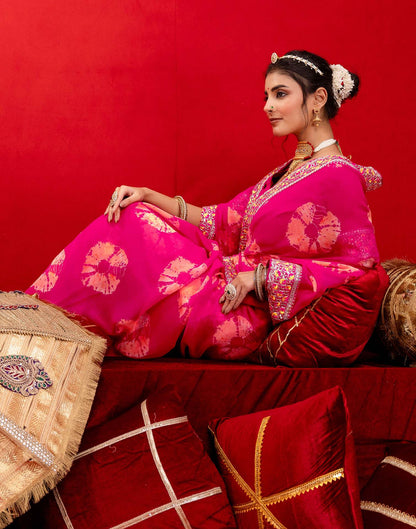 Pink Georgette Bandhani Printed Lace Saree