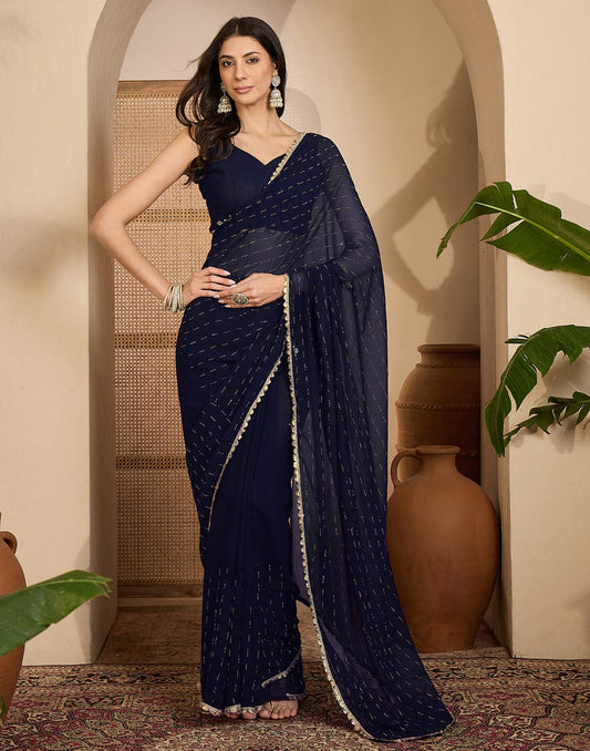 Navy Blue Georgette Stone Work Lace Saree