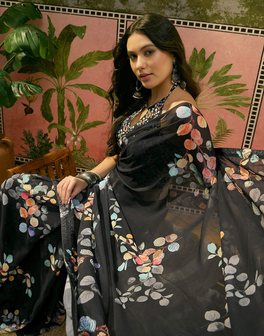 Black Georgette Floral Printed Saree