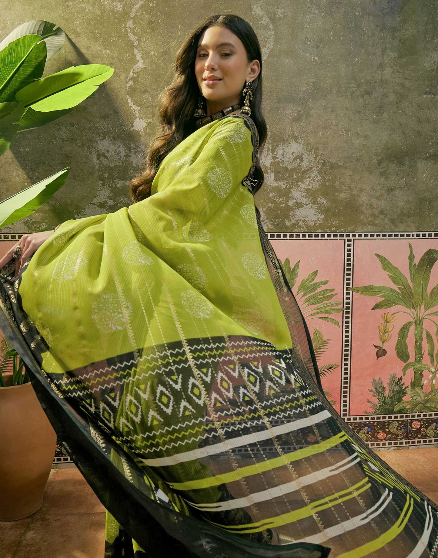 Parrot Green Georgette Foil Printed Saree