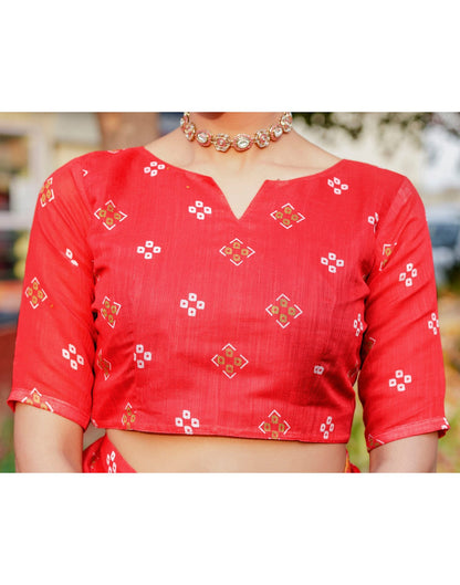 Vat Savitri Special Coral Red Linen Bandhani Printed Saree