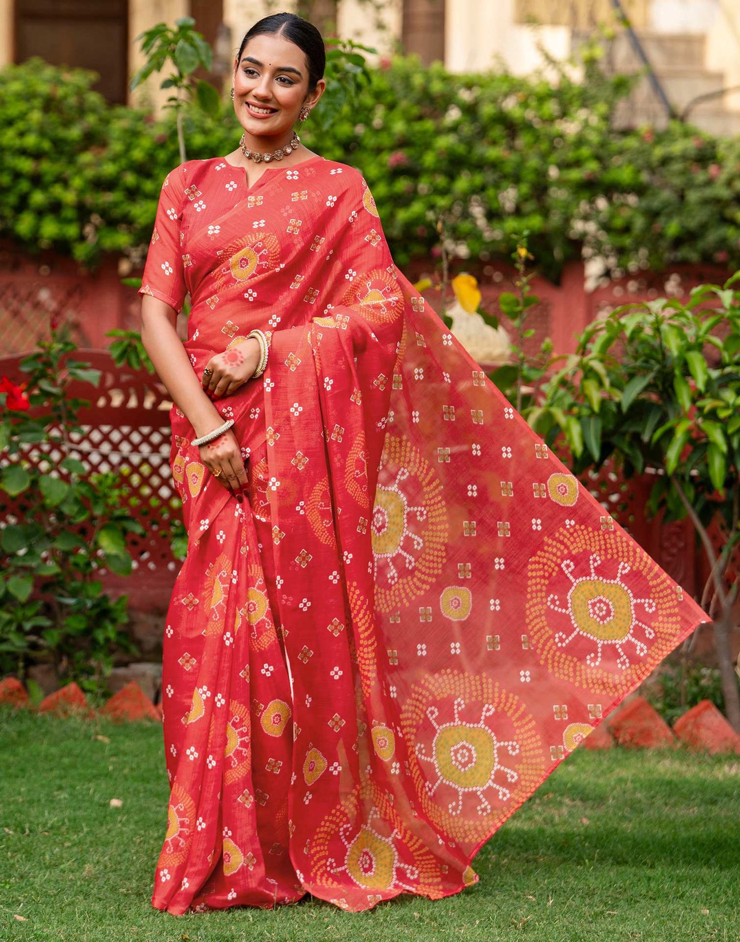 Vat Savitri Special Coral Red Linen Bandhani Printed Saree