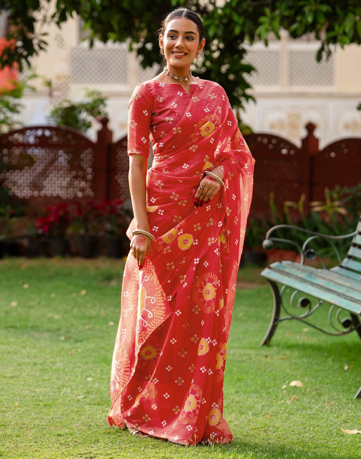 Vat Savitri Special Coral Red Linen Bandhani Printed Saree