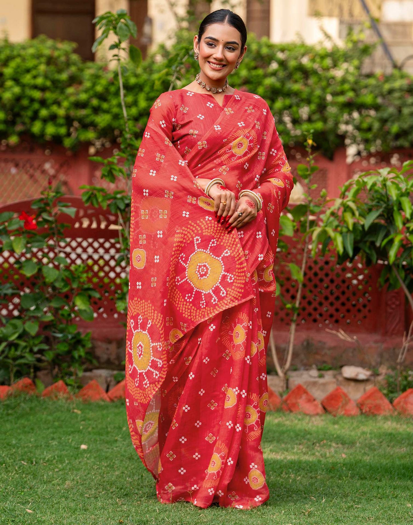 Vat Savitri Special Coral Red Linen Bandhani Printed Saree