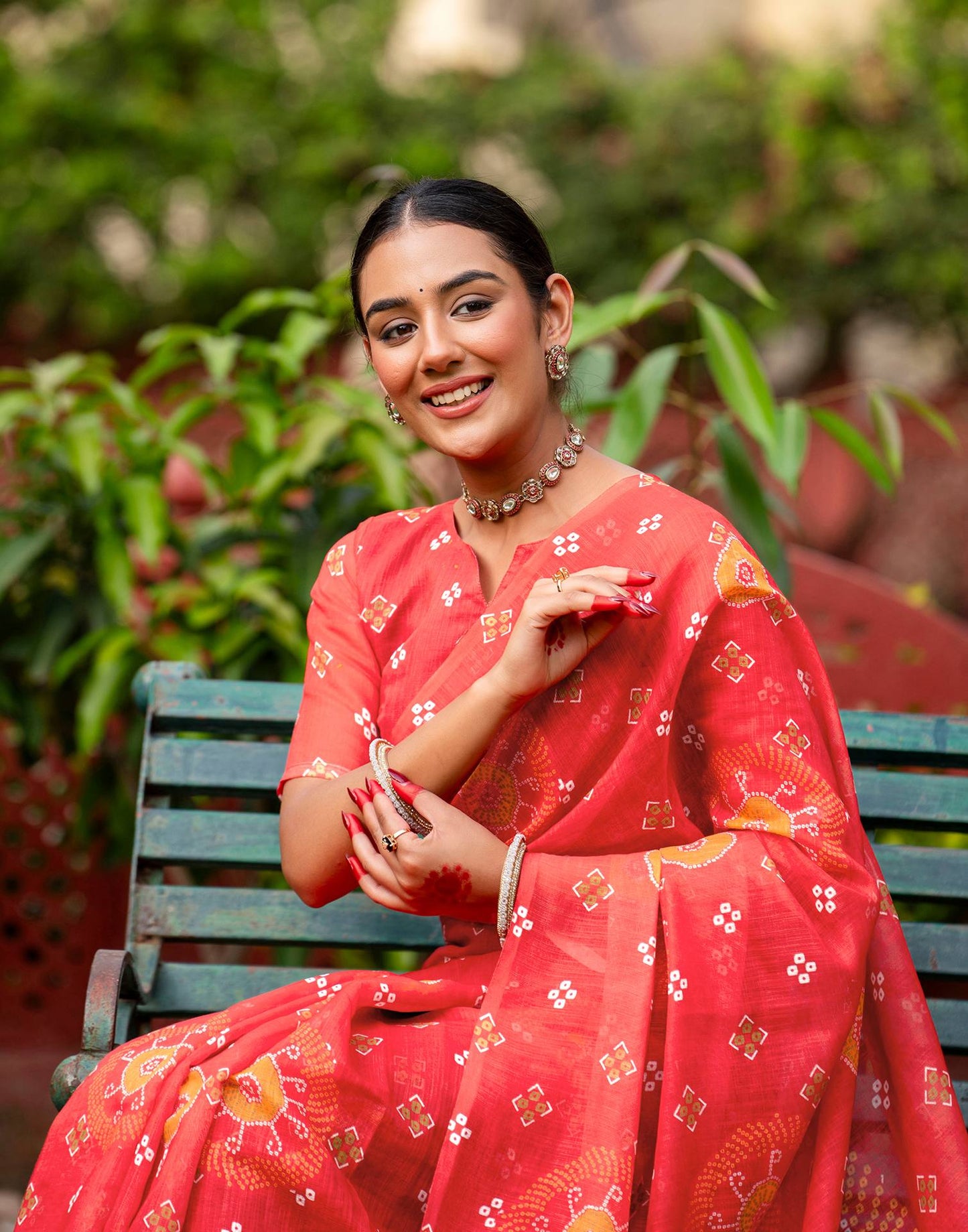 Vat Savitri Special Coral Red Linen Bandhani Printed Saree