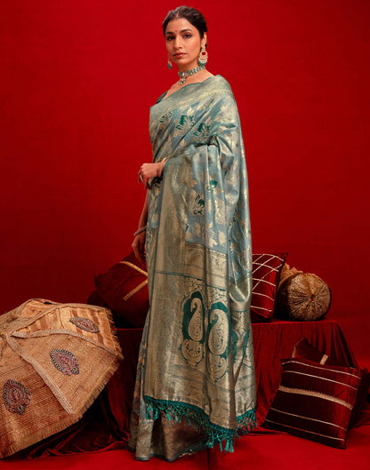 Light Blue Chanderi Cotton Woven Banarasi Saree