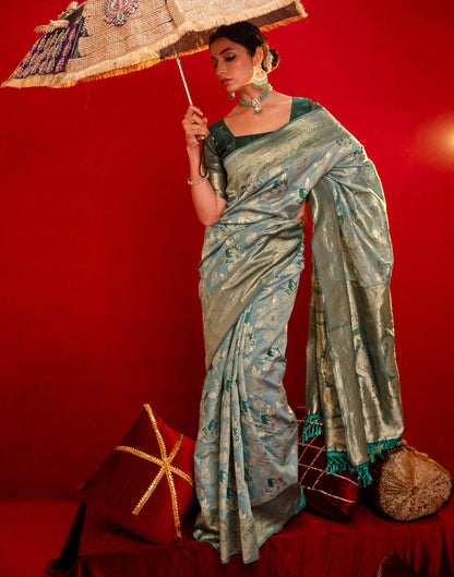 Light Blue Chanderi Cotton Woven Banarasi Saree