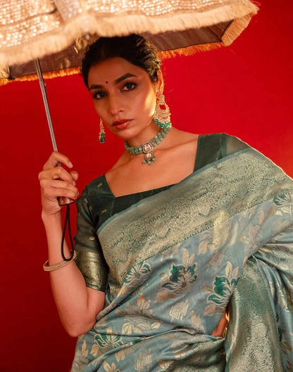 Light Blue Chanderi Cotton Woven Banarasi Saree