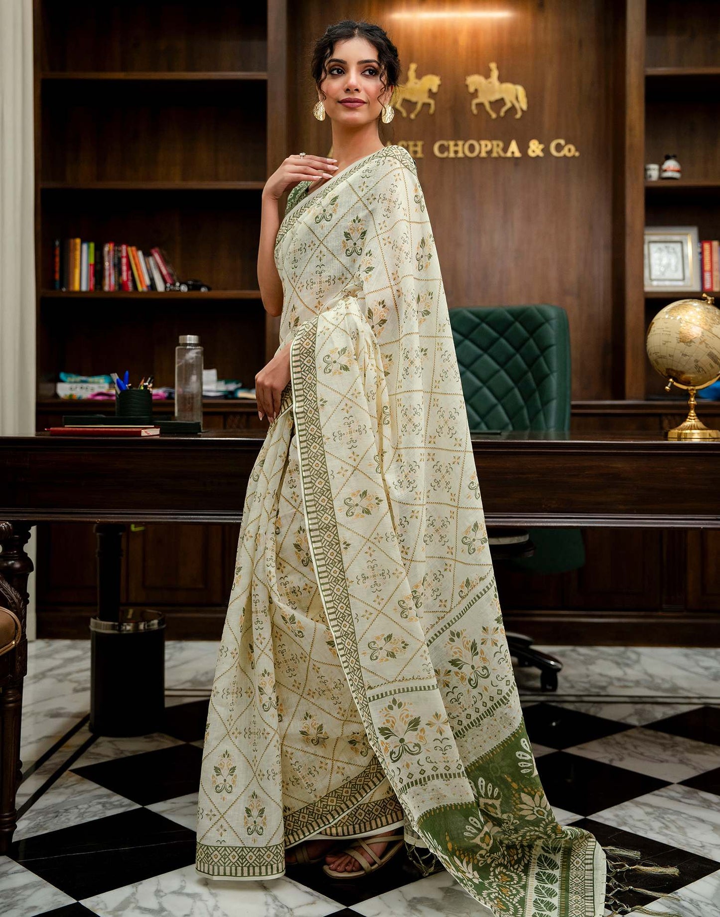 Cream Linen Printed Saree 