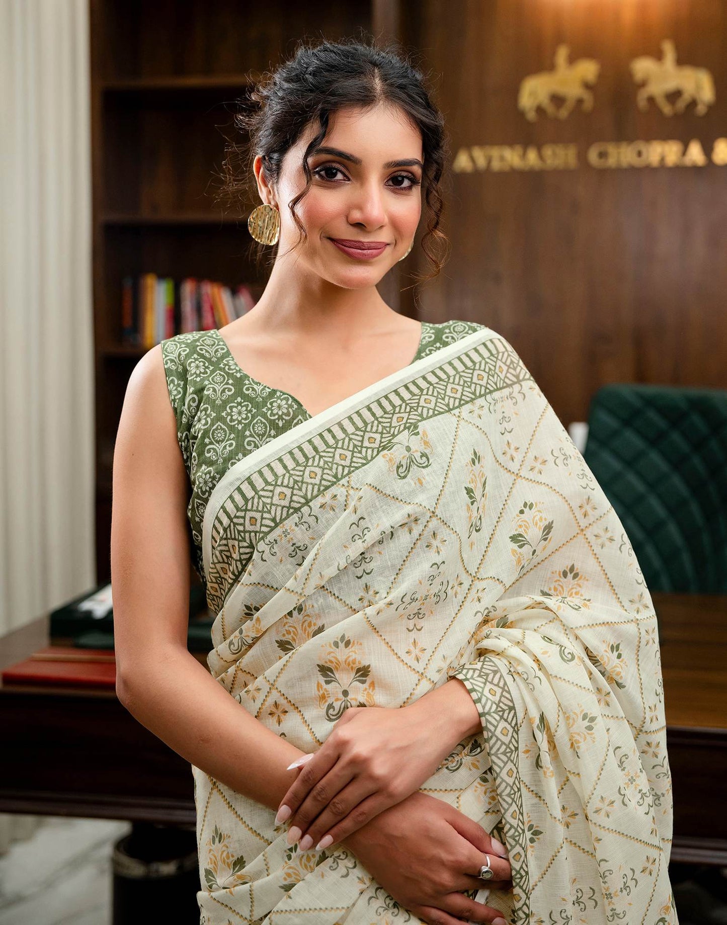 Cream Linen Printed Saree 