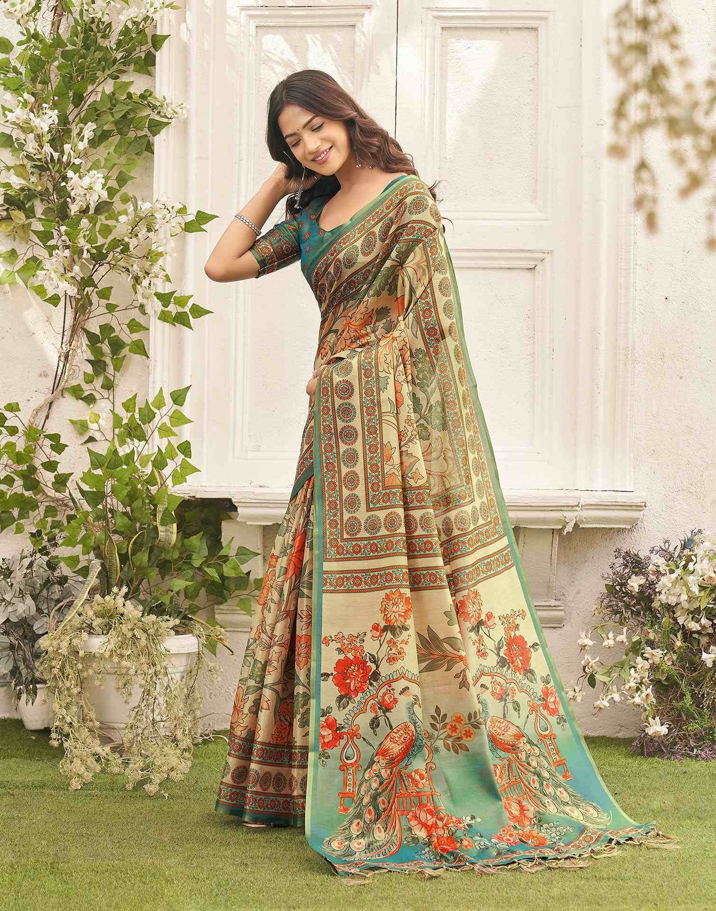 Beige Shimmer Silk Printed Kalamkari Saree 