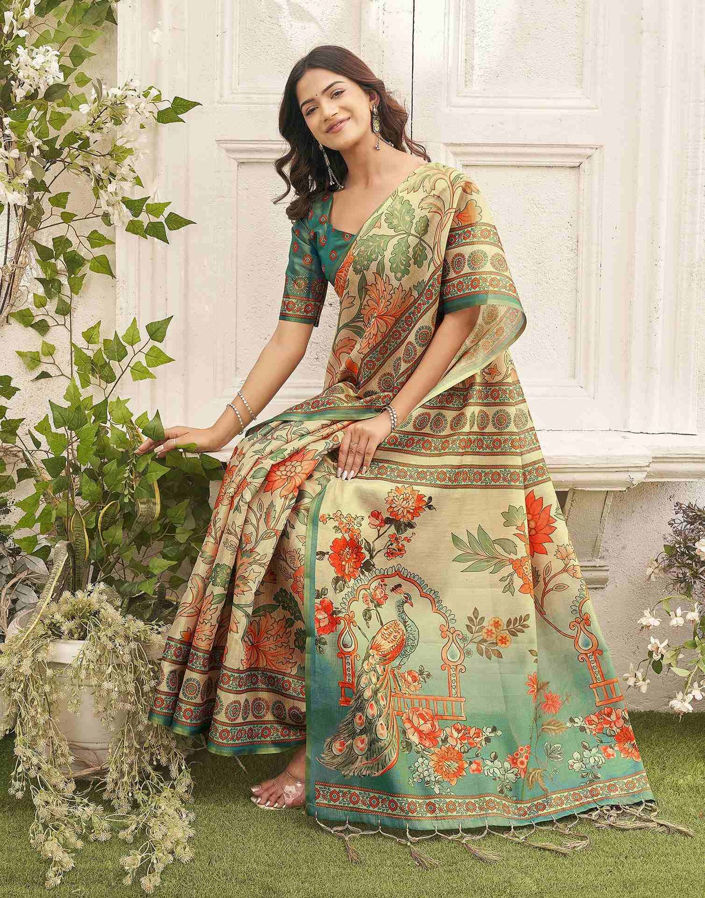 Beige Shimmer Silk Printed Kalamkari Saree 