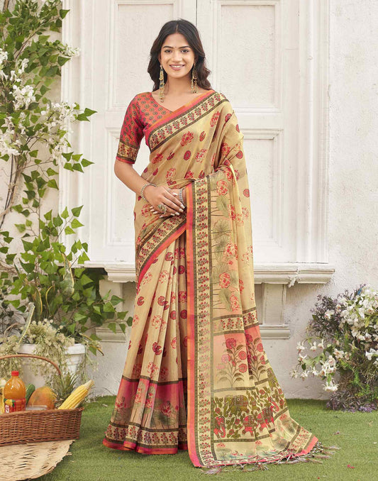 Dark Beige Shimmer Silk Printed Kalamkari Saree 