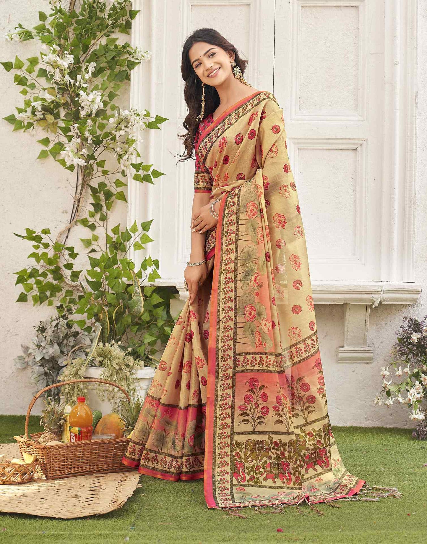 Dark Beige Shimmer Silk Printed Kalamkari Saree 