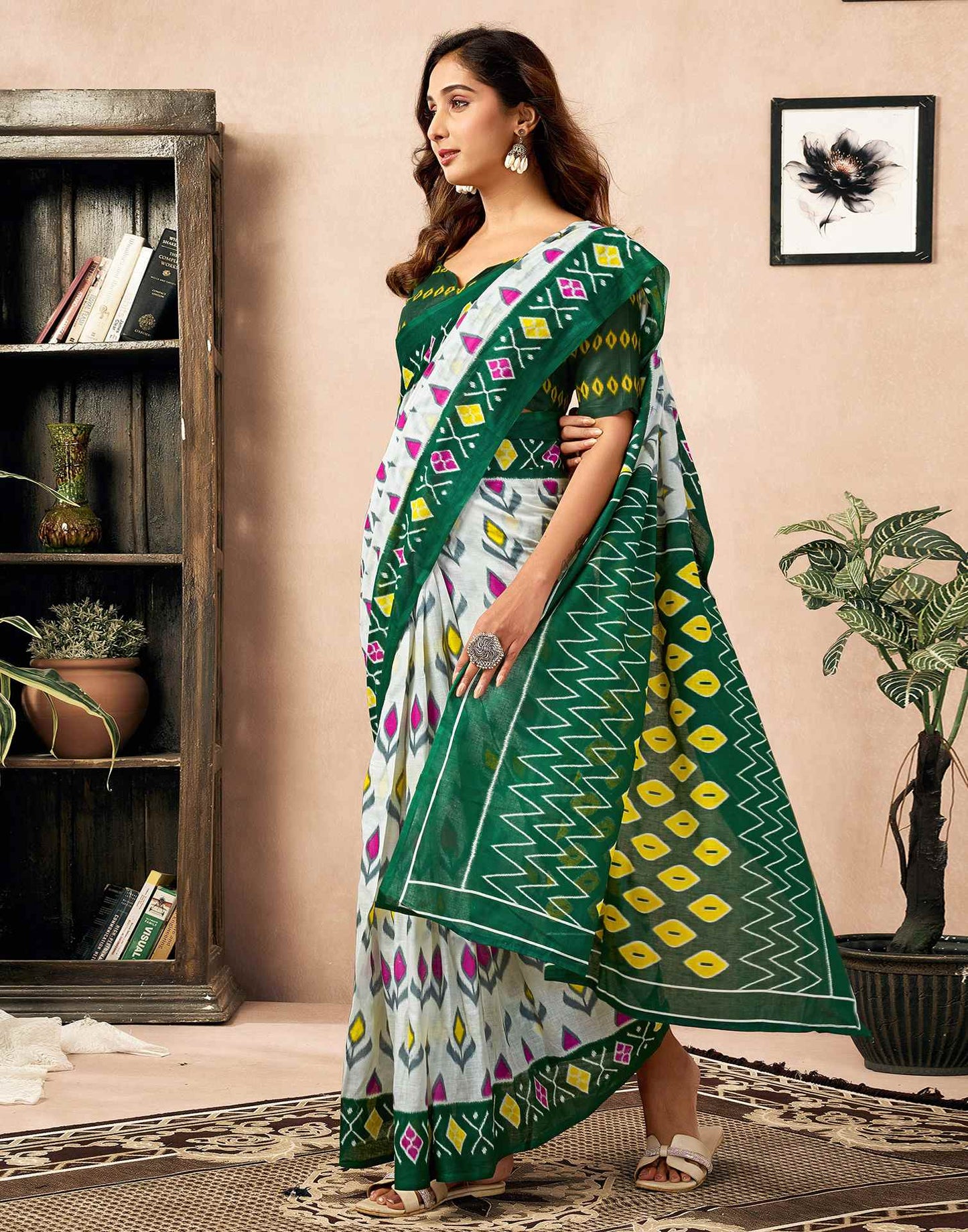 Ready To Wear Off White Cotton Ikkat Printed Saree