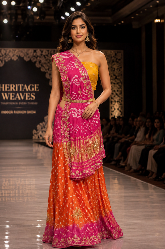 Orange Rani gajji silk bandhani print saree